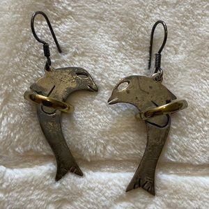 Taxco Mexico sterling silver 925 dolphin jumping through hoop earrings
